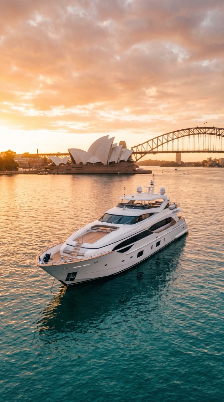 Luxury superyacht on Sydney Harbour at golden hour
